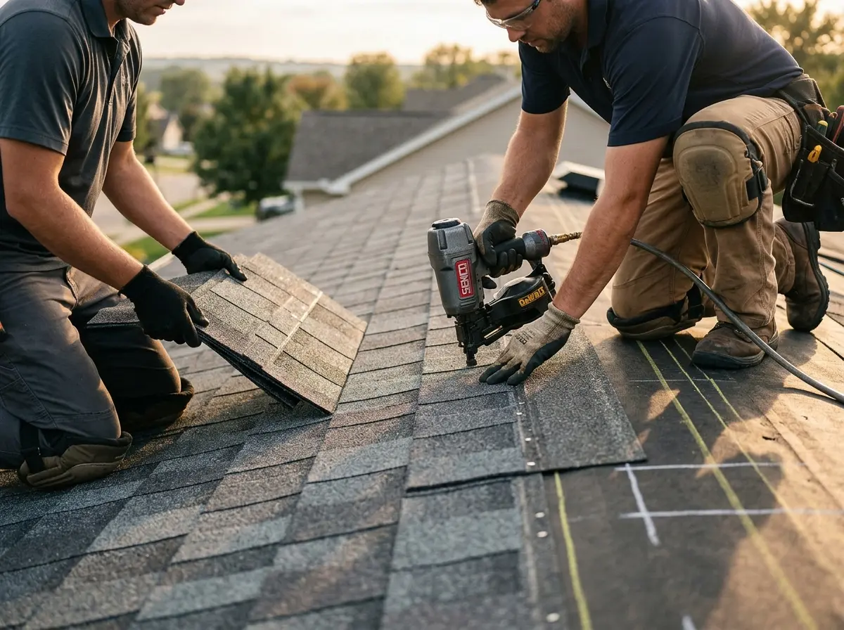 Professional roofer working on a residential roof in Little Chute